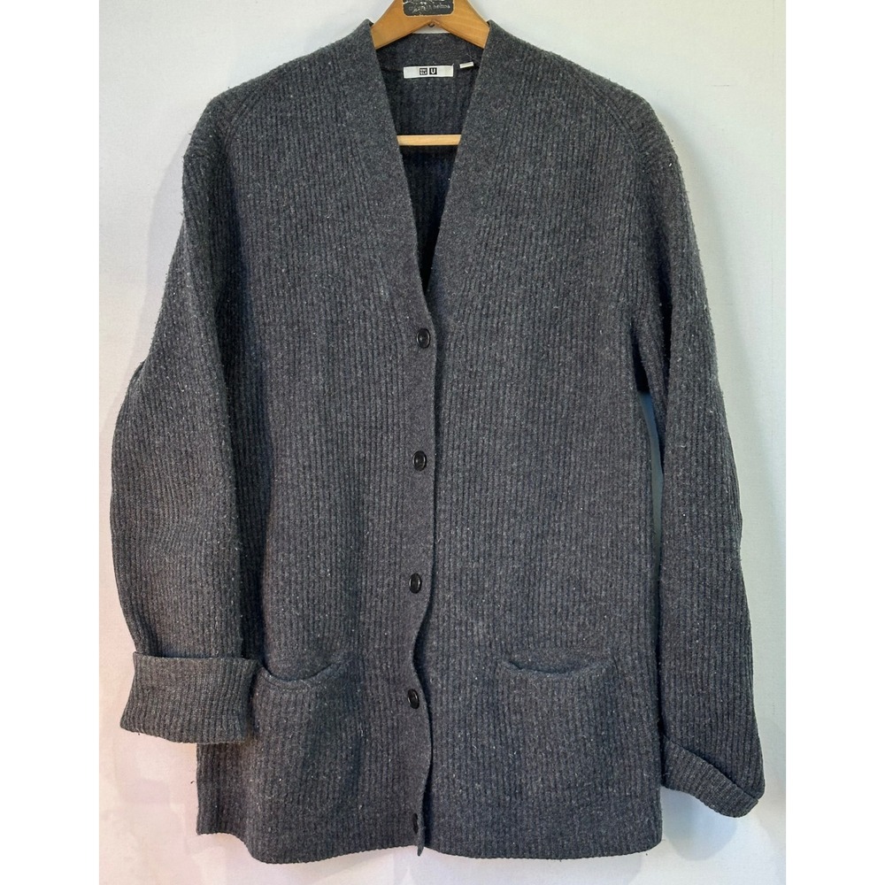 Uniqlo U Cardigan Ribbed Knit Lemaire Womens XL Grey Preppy Wool Blend